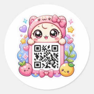 Cute Kawaii Pink QR Code Character Floral Pastel R Classic Round Sticker