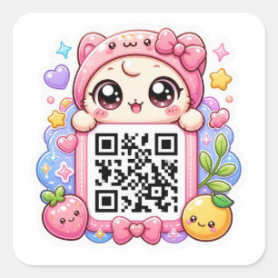 Cute Kawaii Pink QR Code Character Floral Pastel R Square Sticker