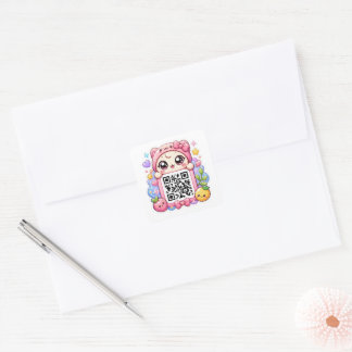 Cute Kawaii Pink QR Code Character Floral Pastel R Square Sticker
