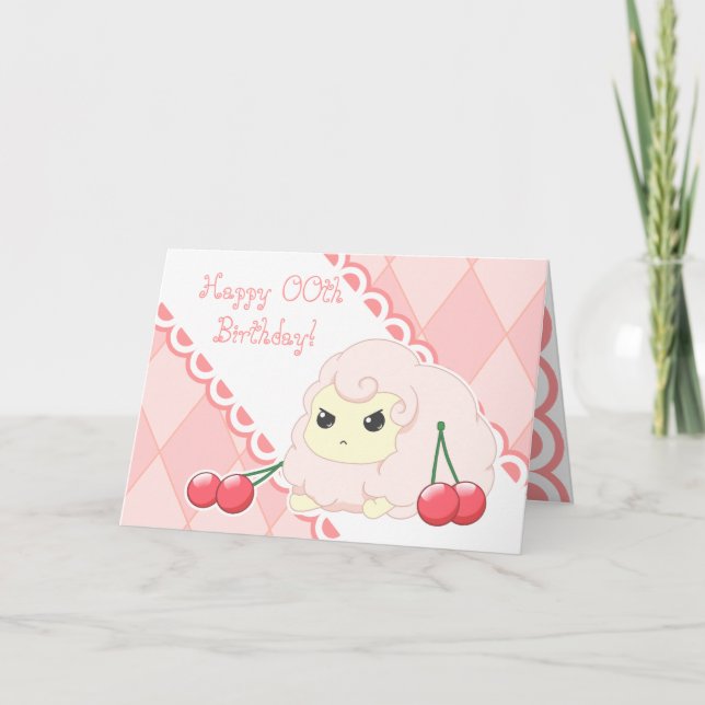 Cute kawaii pink sheep with cherries birthday card (Front)