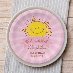 Cute Kawaii Pink Sunshine Kids 1st Birthday Party Paper Plate