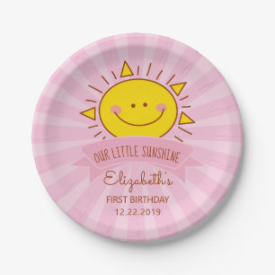 Cute Kawaii Pink Sunshine Kids 1st Birthday Party Paper Plate