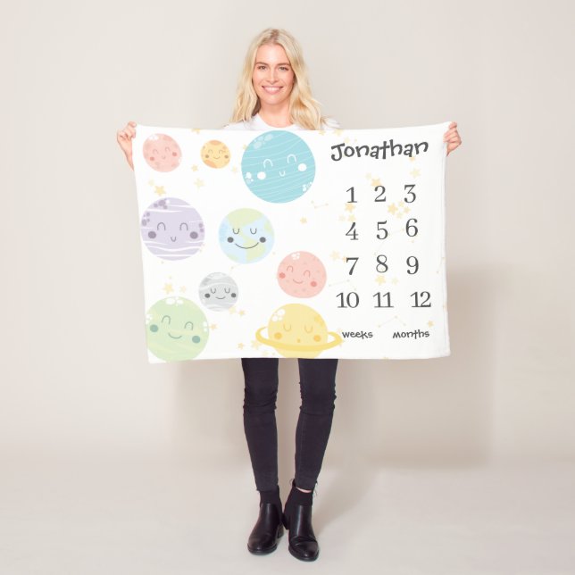 Cute Kawaii Planets Stars Baby Milestone Fleece Blanket (In Situ)