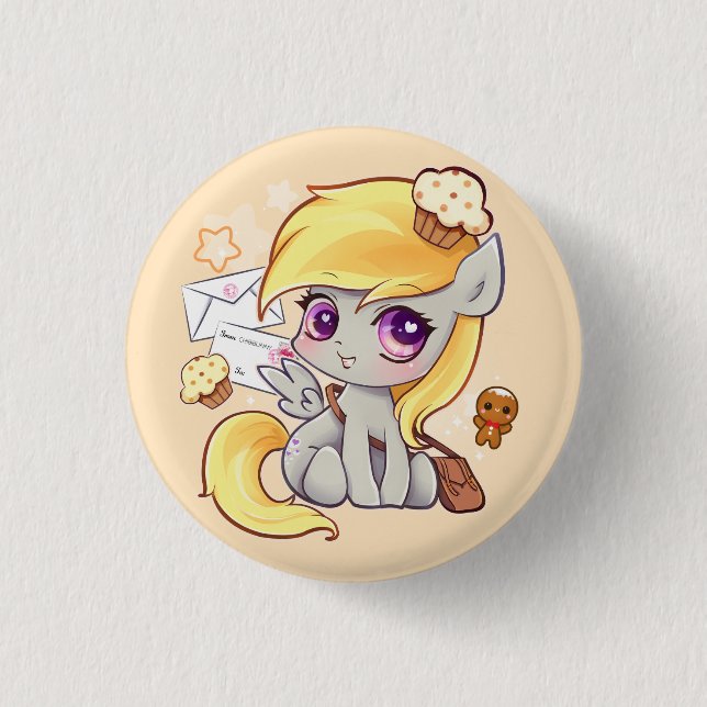 Cute kawaii postman pony with letters and cupcakes 3 cm round badge (Front)