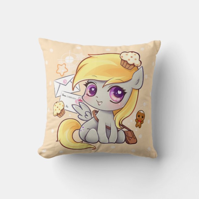 Cute kawaii postman pony with letters and cupcakes cushion (Front)