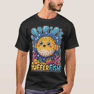 Cute Kawaii Pufferfish In Colourful Coral Reef T-Shirt