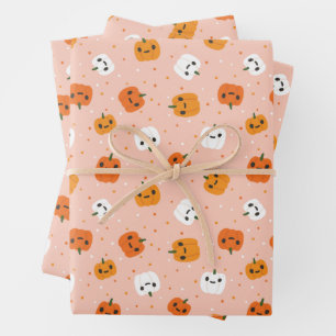 Cute Kawaii Pumpkin Faces Pattern Wrapping Paper Sheet