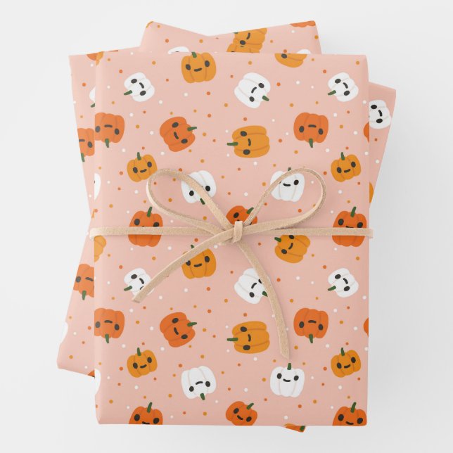 Cute Kawaii Pumpkin Faces Pattern Wrapping Paper Sheet (In situ)