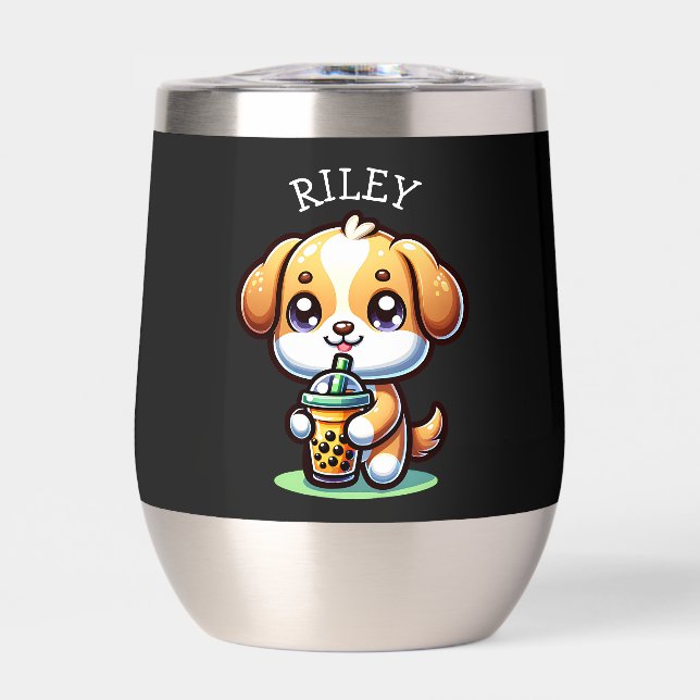 Cute Kawaii Puppy Dog with Bubble Tea Personalised (Front)