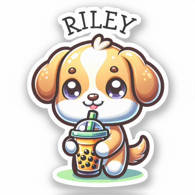Cute Kawaii Puppy Dog with Bubble Tea Personalised (Front)
