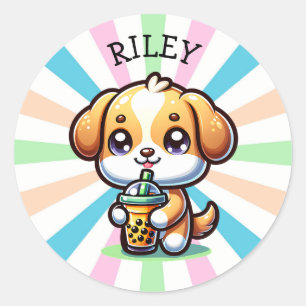 Cute Kawaii Puppy Dog with Bubble Tea Personalised Classic Round Sticker