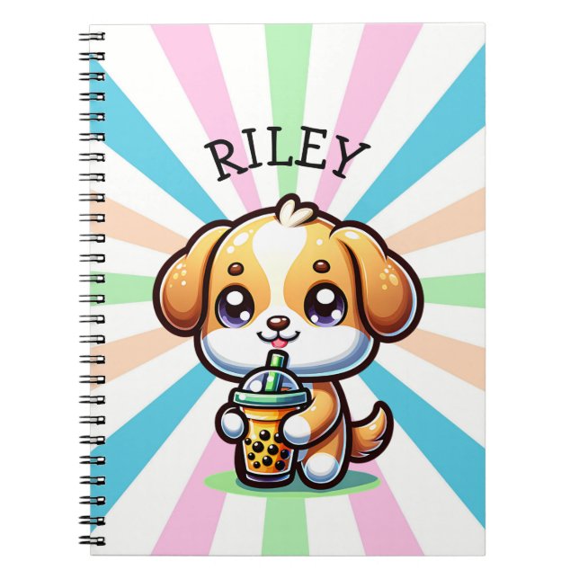 Cute Kawaii Puppy Dog with Bubble Tea Personalised Notebook (Front)