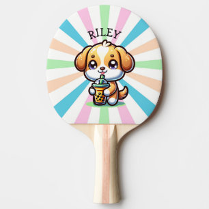 Cute Kawaii Puppy Dog with Bubble Tea Personalised Ping Pong Paddle