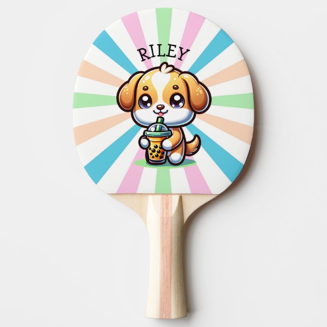 Cute Kawaii Puppy Dog with Bubble Tea Personalised Ping Pong Paddle (Front)