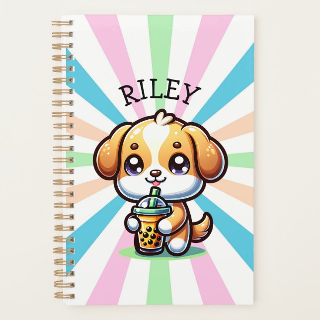 Cute Kawaii Puppy Dog with Bubble Tea Personalised Planner (Front)