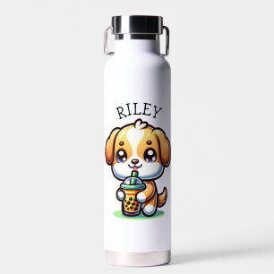 Cute Kawaii Puppy Dog with Bubble Tea Personalised Water Bottle
