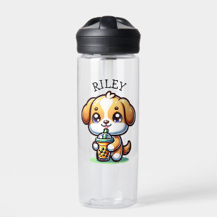 Cute Kawaii Puppy Dog with Bubble Tea Personalised Water Bottle