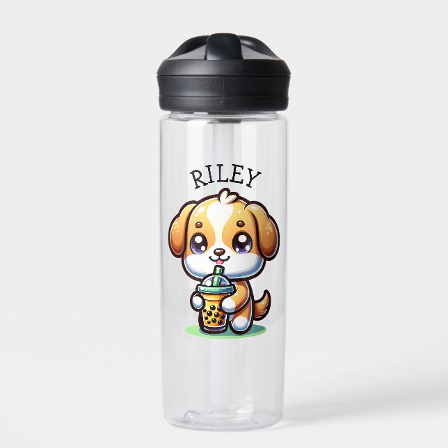 Cute Kawaii Puppy Dog with Bubble Tea Personalised Water Bottle (Front)