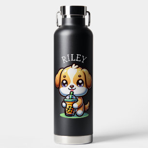 Cute Kawaii Puppy Dog with Bubble Tea Personalised Water Bottle
