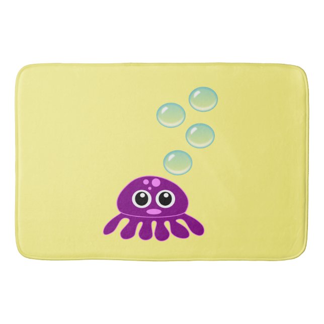 Cute Kawaii Purple Jellyfish with Blue Bubbles Bath Mat (Front)
