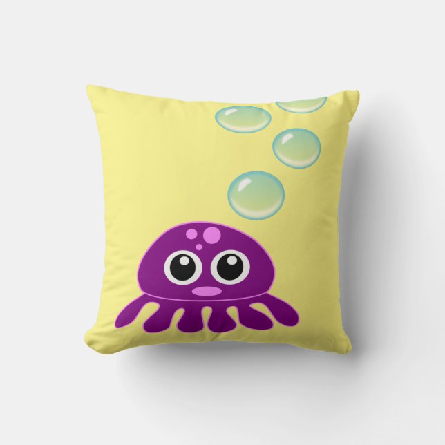 Cute Kawaii Purple Jellyfish with Blue Bubbles Cushion (Front)