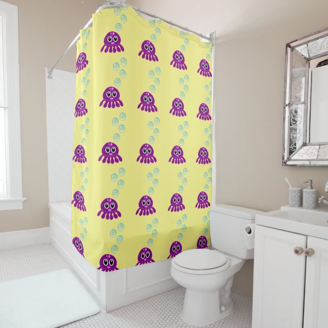 Cute Kawaii Purple Jellyfish with Blue Bubbles Shower Curtain (In Situ)
