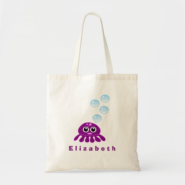 Cute Kawaii Purple Jellyfish with Blue Bubbles Tote Bag (Front)