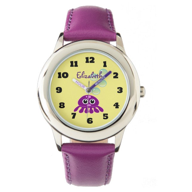 Cute Kawaii Purple Jellyfish with Blue Bubbles Watch (Front)