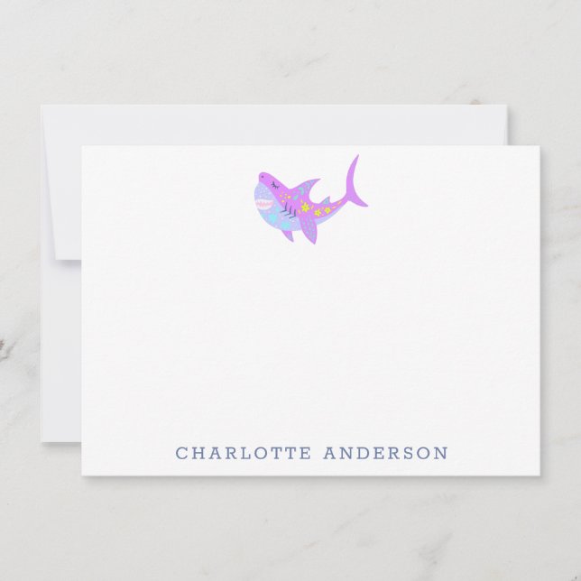 Cute Kawaii Purple Shark Personalised Stationery Card (Front)