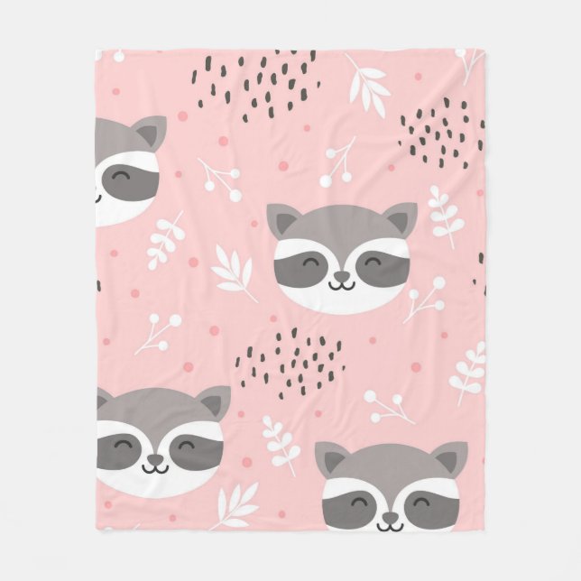 Cute Kawaii Racoon Seamless Pattern on Pink Backg Fleece Blanket (Front)