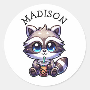 Cute Kawaii Racoon with Bubble Tea Personalised Classic Round Sticker