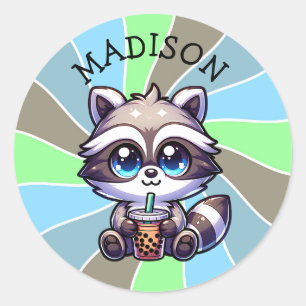 Cute Kawaii Racoon with Bubble Tea Personalised Classic Round Sticker