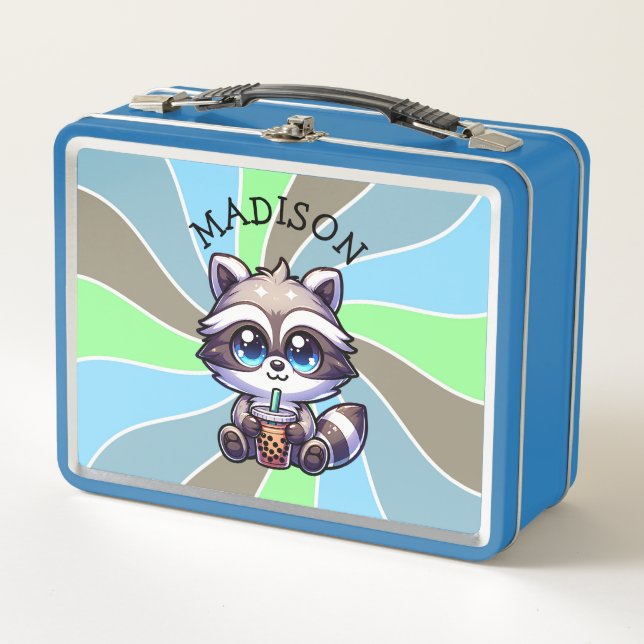 Cute Kawaii Racoon with Bubble Tea Personalised Metal Lunch Box (Front)