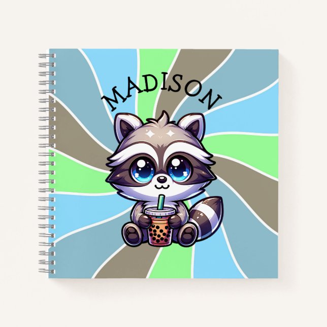 Cute Kawaii Racoon with Bubble Tea Personalised Notebook (Front)