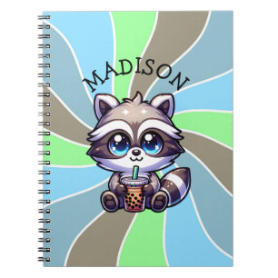 Cute Kawaii Racoon with Bubble Tea Personalised Notebook