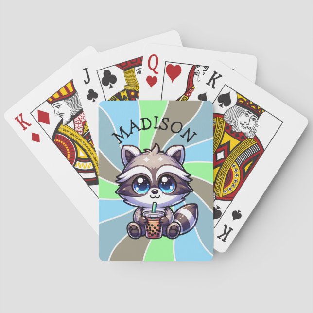 Cute Kawaii Racoon with Bubble Tea Personalised Playing Cards (Back)