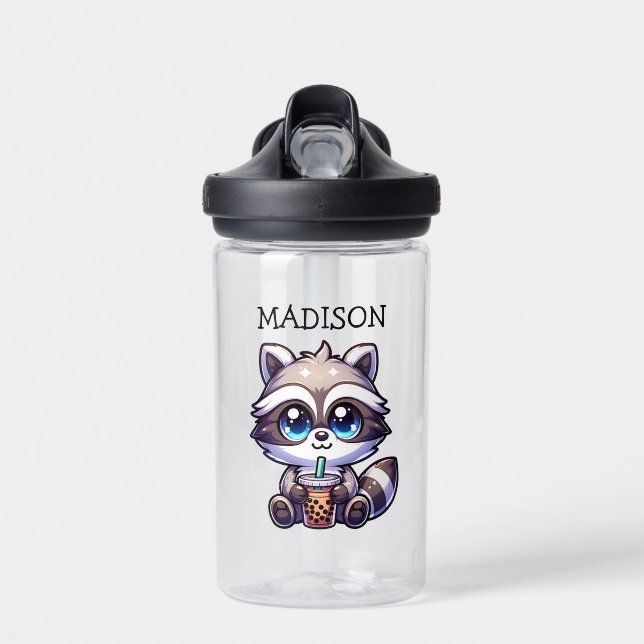 Cute Kawaii Racoon with Bubble Tea Personalised Water Bottle (Front)