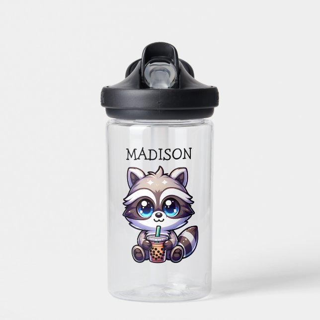 Cute Kawaii Racoon with Bubble Tea Personalised Water Bottle (Front)