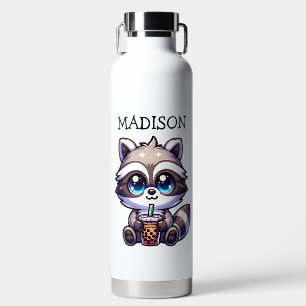 Cute Kawaii Racoon with Bubble Tea Personalised Water Bottle