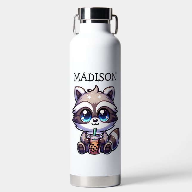 Cute Kawaii Racoon with Bubble Tea Personalised Water Bottle (Front)
