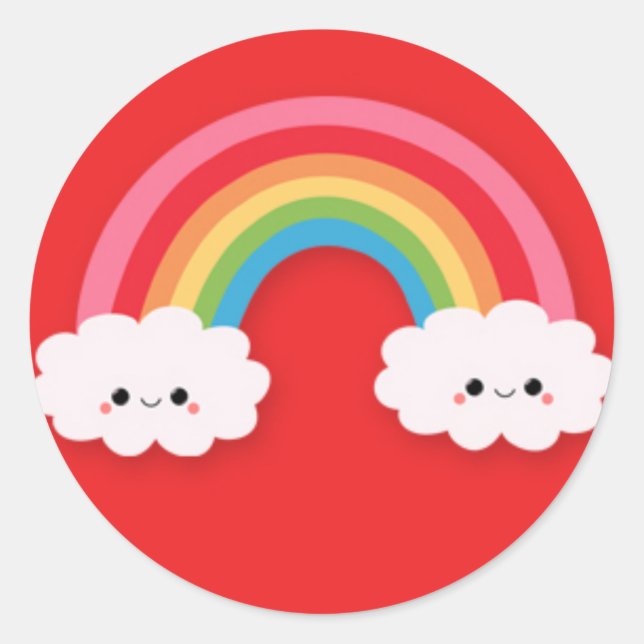 Cute Kawaii Rainbow and Clouds on Red Classic Round Sticker (Front)