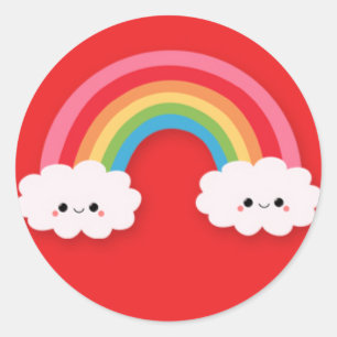 Cute Kawaii Rainbow and Clouds on Red Classic Round Sticker