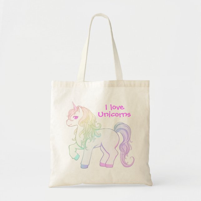 Cute kawaii rainbow coloured unicorn pony tote bag (Front)
