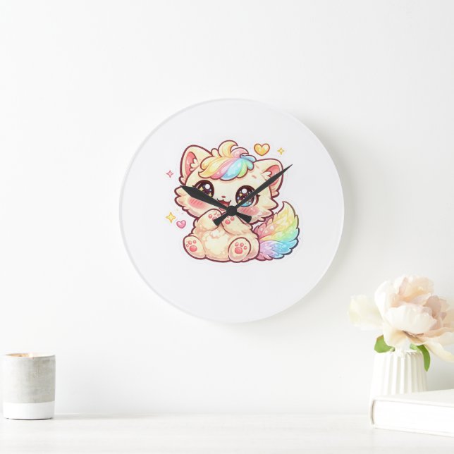 Cute Kawaii Rainbow Kitten Pastel Fluffy Cat Stick Large Clock (Home)