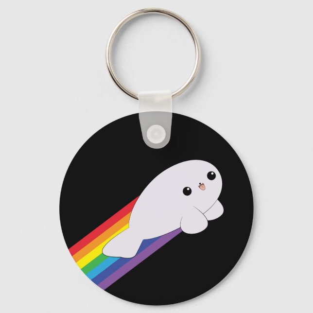 Cute Kawaii Rainbow Rocket Baby Seal Keychain (Front)