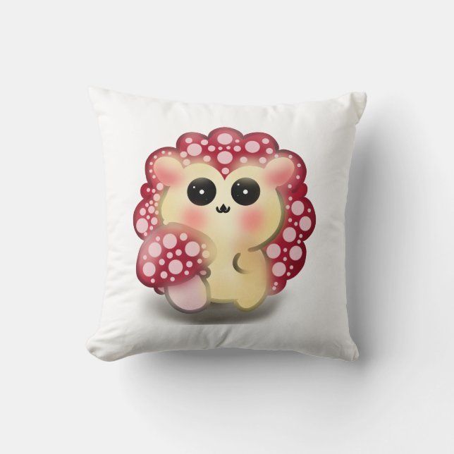 Cute Kawaii Red Mushroom Hedgehog Toadstool Art Cushion (Front)