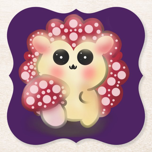 Cute Kawaii Red Mushroom Hedgehog Toadstool Art Paper Coaster (Front)