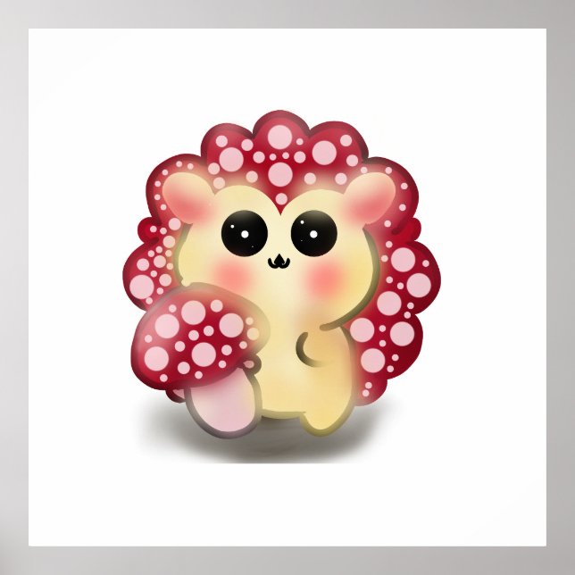 Cute Kawaii Red Mushroom Hedgehog Toadstool Art Poster (Front)