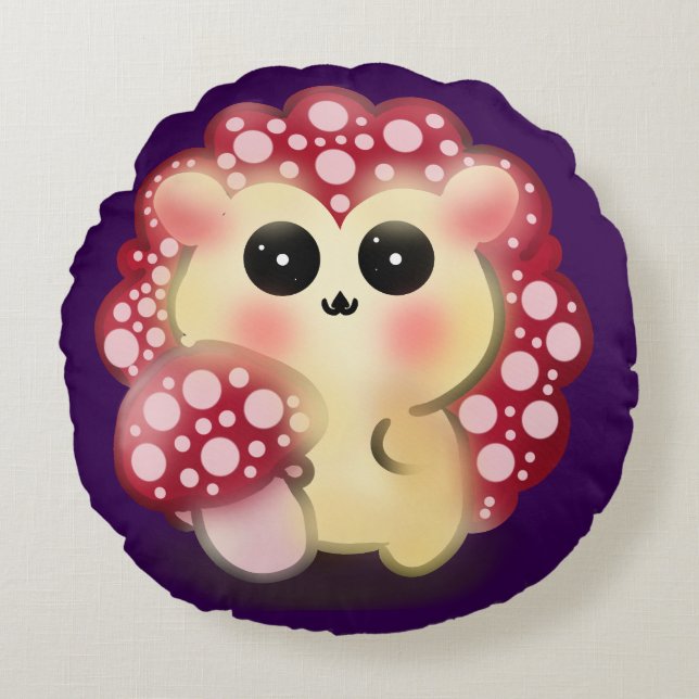 Cute Kawaii Red Mushroom Hedgehog Toadstool Art Round Cushion (Front)