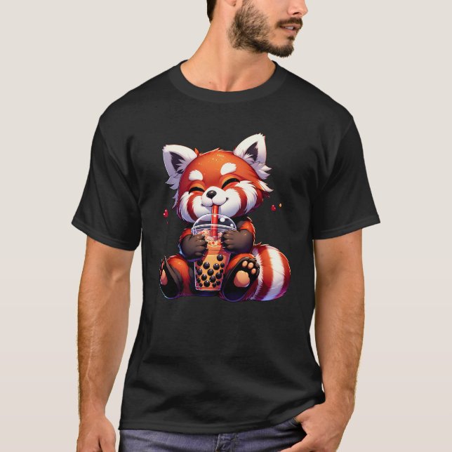 Cute Kawaii Red Panda Drink Bubble Tea Milk Tea T-Shirt (Front)